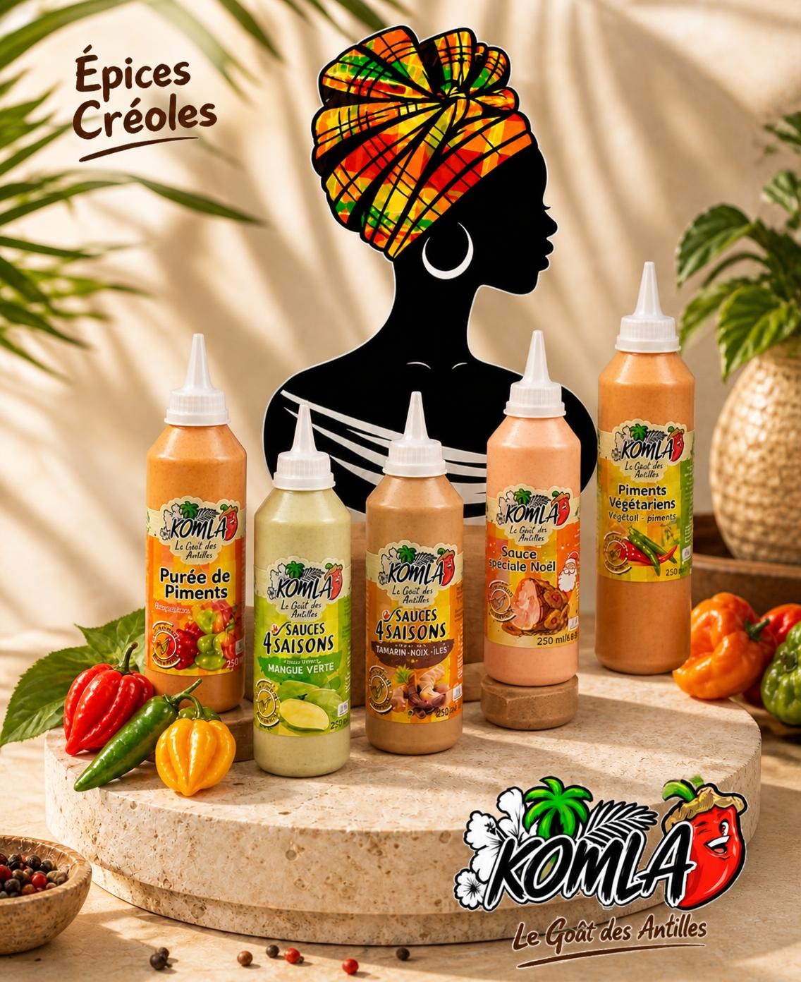 Assortiment de sauces et piments KOMLA présentés devant une silhouette antillaise en madras, avec des piments frais