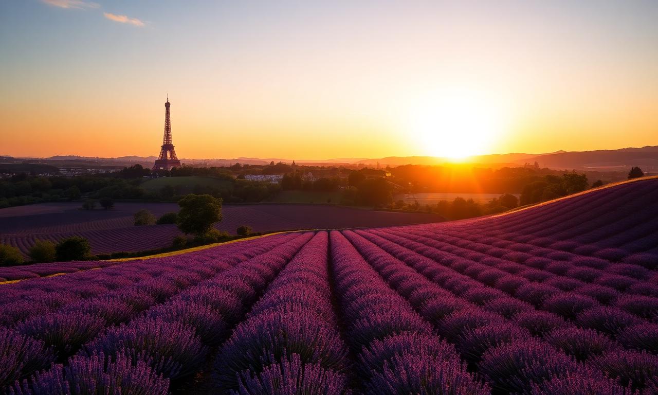 Champs de lavande en France avec la Tour Eiffel au loin au coucher du soleil