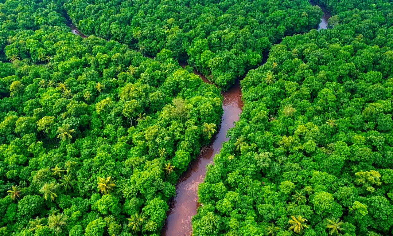 Forêt amazonienne de Guyane, fleuve sinueux et canopée luxuriante