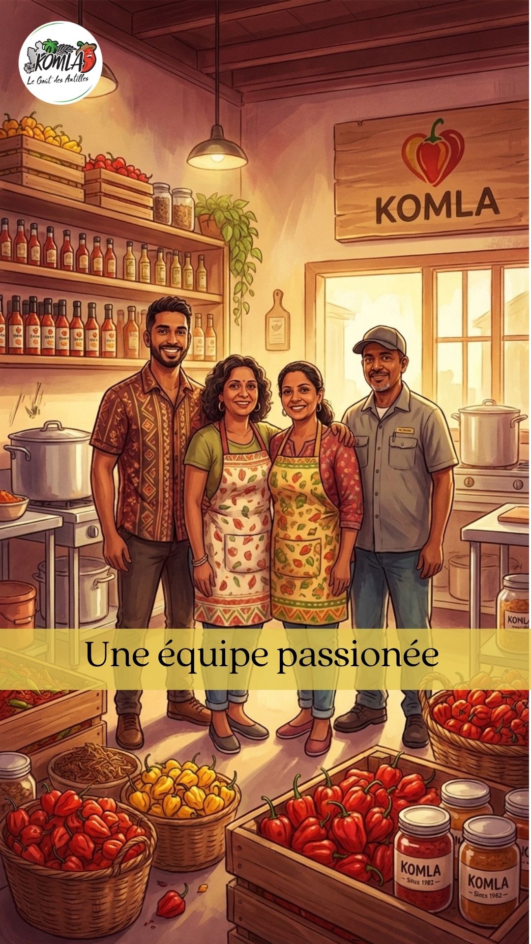 Illustration de l'équipe KOMLA réunie dans l'atelier, autour de Nicolas KOMLA SOUKHA