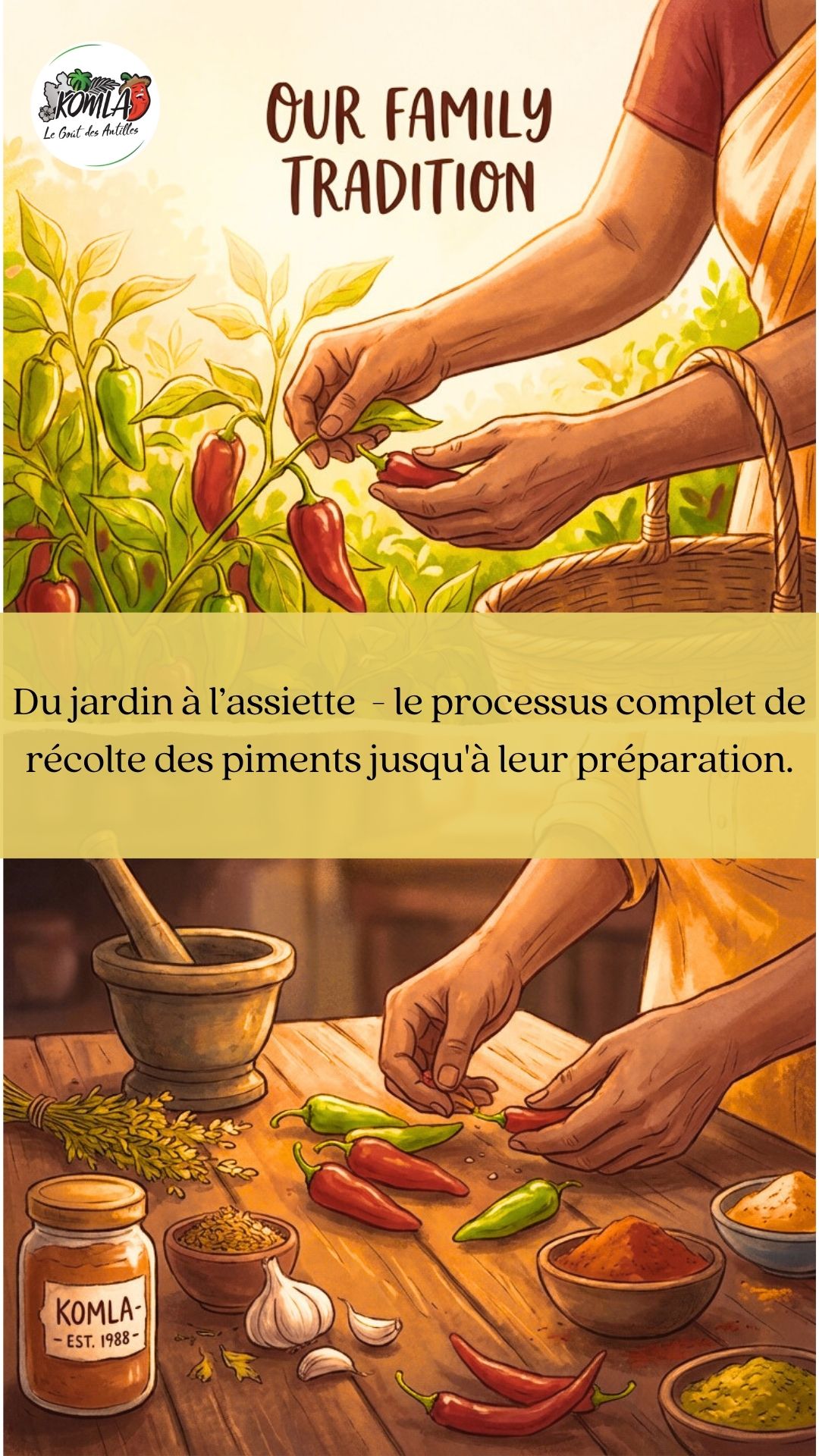 Illustration d'une famille préparant le massalé selon la tradition créole, piments et épices sur la table