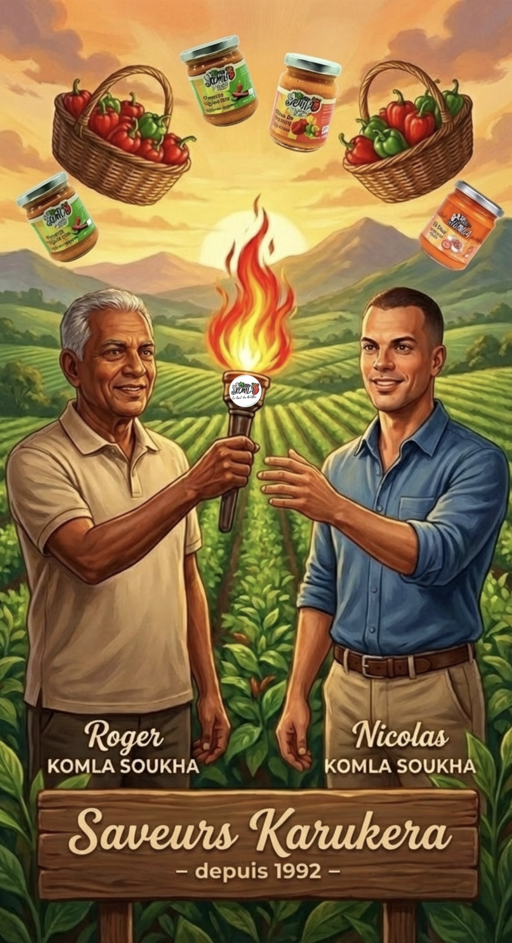 Roger et Nicolas Komla Soukha, fondateurs de Saveurs Karukera, transmettant la flamme depuis 1992
